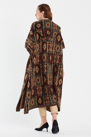 Uludağ Triko Kadın Kilim Desen Kapşonlu Panço Gümüş-Std Gümüş