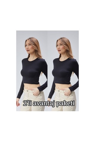Virago 2'li Soft Touch Yuvarlak Yaka Crop Uzun Kol Bluz/body Siyah - 687153485 Siyah - 687153485 Siyah