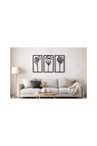 Arliadesign Ahşap 3 Parçalı Dikdörtgen Şeklinde Çiçek Figürleri / Siyah Ahşap 3 Mm Mdf