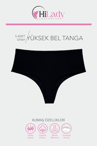 Hilady Kadın Tanga, Yüksek Bel Tanga 5'li Paket String, Tanga Külot Pamuklu Kumaş Siyah