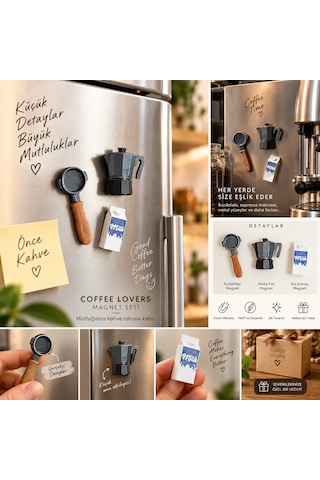 Coffee Lovers 3'lü Kahve Temalı Dekoratif Magnet Seti Moka Pot Portafilter Süt Kutusu