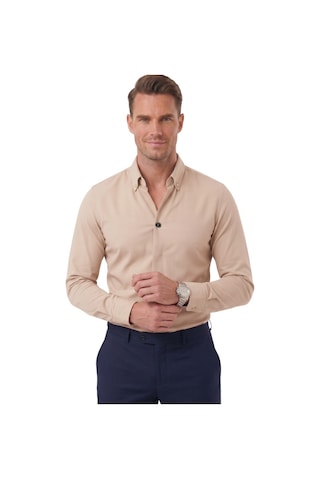 Deepsea Bej Slim Fit Kolay Ütülenebilir Açık Dik Yaka Likralı Erkek Gömlek 2602615