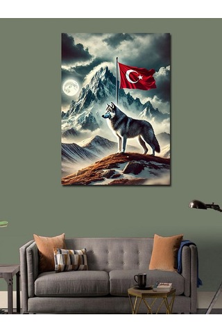 Kanvas Tablo Kurt Ve Türk Bayrağı 100cmx140cm