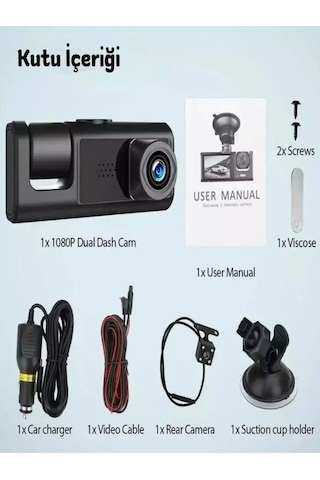 Araç İçi Kamera 1080p 3 Kameralı Ips Ekran G Sensör Gece Görüş Ultra Geniş Açılı 4k 64gb Kart