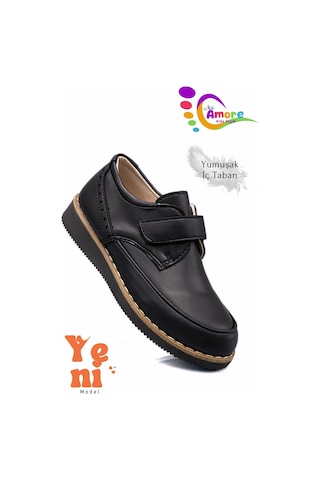 Sermoda Lil Amore Cırt Cırtlı Erkek Çocuk Ayakkabısı Okul & Sünnet Düğünü İçin Klasik Model Mat Siyah