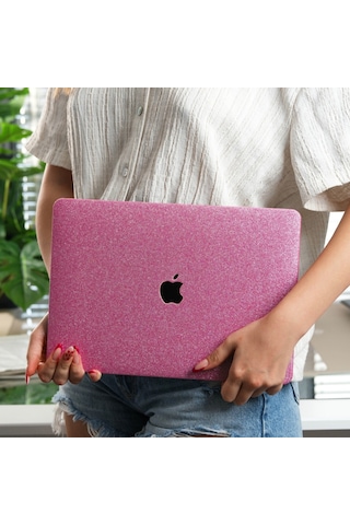 Apple Uyumlu MacBook Air 13 Kılıf Simli Parlak Vinil Sert Hard Case Tpu Taban İnce Hafif A2337 A2179 A1932 Açık Pembe