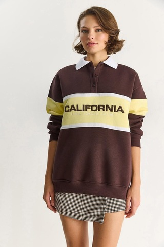 Shade Kadın Polo Yaka Düğmeli California Yazılı Nakış Detaylı Oversize Kadın Sweatshirt 10009 60283563 - Kahverengi