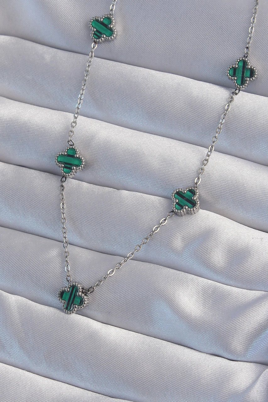 316l Çelik Gümüş Renk Minimal Yeşil Mineli Yonca Kolye Renkli