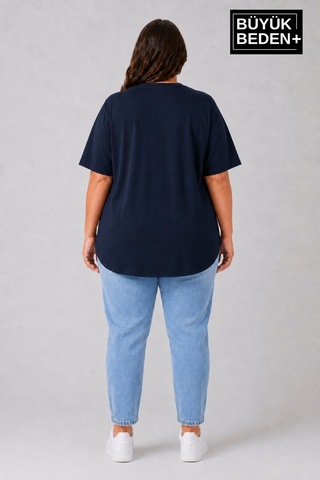 Superlife Süperlife Büyük Beden Kadın Bisiklet Yaka Basic Oval Etek Detalylı 3xl-6xl Uzun Tunik Spr26btsk502 Lacivert