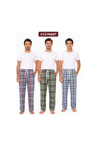 Yasar Underwear Erkek Pijama Altı %100 Pamuklu Ekose Desenli Cepli Ve Bağcıklı Çok Renkli Çok Renkli