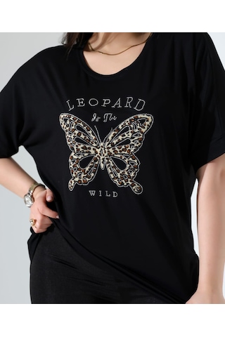 Elaxi Leopar Kelebek Desenli Bluz Siyah
