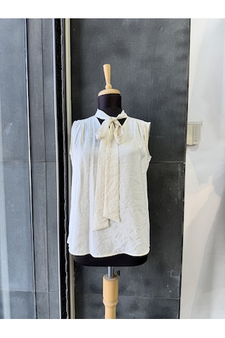 Pera Moda Sıfır Kol Fularlı Modal Yazlık Kadın Gömleği Beyaz
