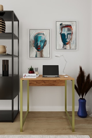 Selin Metal Ayaklı Çalışma Masası Atlantik Çam Suntalam, Gold Metal Ayak, Modern Ofis & Ev Masası Diğer