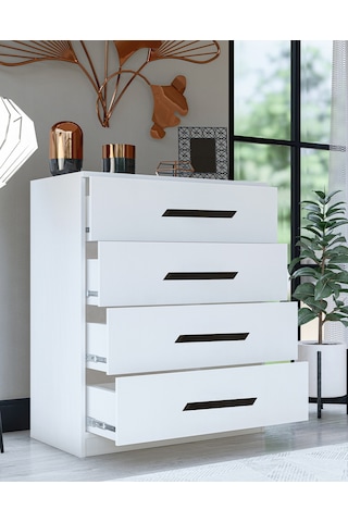 Gm 084 Almina 4 Çekmeceli Siyah Kulplu Beyaz Şifonyer
