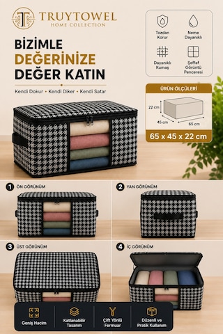 4'lü Fermuarlı Kazak Hurcu 65x45x22 Cm Dolap Düzenleyici Giysi Saklama Hurcu Çok Amaçlı Organizer Siyah Pencereli