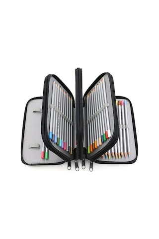 72 Gözlü Kalem Kutusu Çizim Ve Boyama Kalemleri İçin Geniş Depolama, Kare Dizaynlı Kırtasiye Organizer, Düz Renkli Kroki Ve Sanat Malzemeleri Çantası Siyah