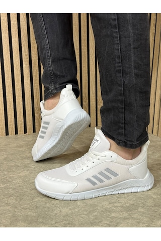 Günlük Erkek Sneaker Fileli Bağcıklı Rahat Esnek Dikiş Detaylı Yürüyüş Spor Ayakkabı 1453 Beyaz Gri