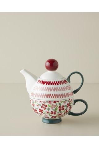 Country Bloom New Bone China Demlik Seti 380 260 Ml Bordo-yeşil