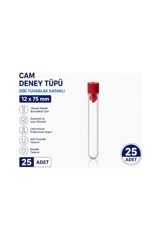 12x75 Mm Cam Deney Tüpü Dibi Yuvarlak Kapaklı 25 Adet Laboratuvar Test Tüpü