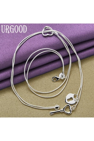 925 Ayar Gümüş Anahtar Kalp Kilit Kolye Yılan Zinciri Kadın Düğün Moda Charm Takı