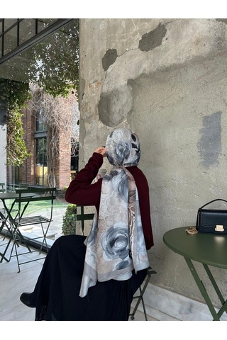Qalortex Scarf Pamuklu Rose Desen Şal-gri/vizon Gri-vizon