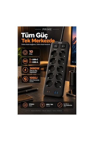 Robeve Fulltech Prıme 10 Lu Akım Korumalı Priz 3680w - 1050j Koruma, 2 Usb-c + 2 Usb-a, 2 Metre Kablolu, 1+1 Bağımsız Aç/kapa Anahtarlı Çoklu Uzatma Prizi Grup Priz 10'lu Priz 2 M