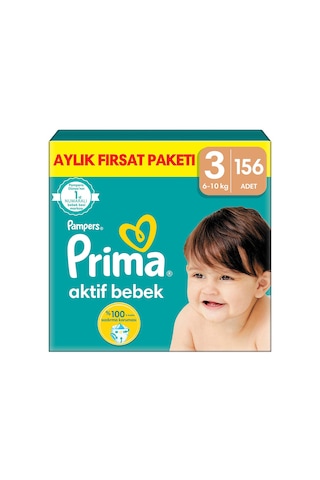 Prima Aktif Bebek 3 Beden Midi Bebek Bezi Aylık Fırsat Paketi 156 Adet