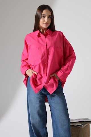 Yeni Sezon Poplin Kumaş Çift Cepli Oversize Pamuklu Kadın Tunik Gömlek Fuşya