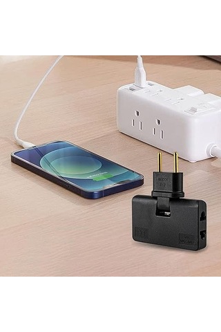 Moveevo Siyah Dönen Seyahat Şarj Adaptörü - 2 Pin 180 Derece Döner Başlıklı 3 Çıkışlı Ev Ve Avrupa Uyumlu Ultra Düz Güç Çevirici