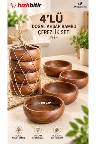 Bymyhand Bambu Doğal Ahşap Yuvarlak Çerezlik 4'lü Set Çap 10 Cm