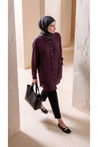 Armine Trend Gold Düğme Detaylı Klasik Yaka Uzun Tunik Rahat Kesim Şık Tesettür Tunik Modeli 89 Cm Boy Bordo 26yt471