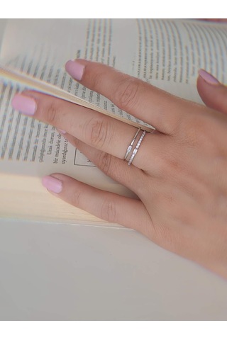 İki Sıralı Zirkon Taşlı Ayarlanabilir Silver Gümüş Renkli Yüzük Silver