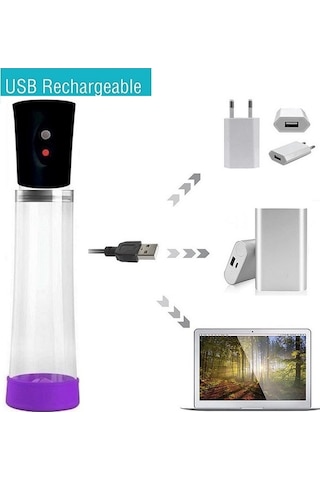 Erofoni Yeni Nesil Usb Şarjlı 20 CM Otomatik Vakumlu Penis Pompası + 3 Giriş Başlığı