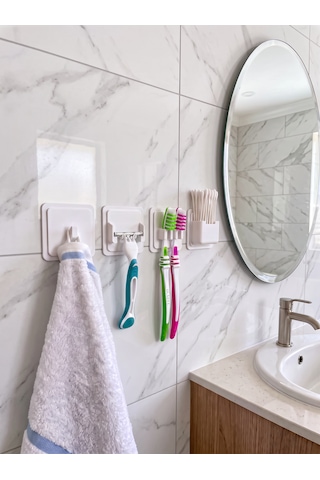 4'lü Banyo Organizer Seti - Havlu Askısı, Traş Askısı, Diş Fırçası Askısı Ve Kulak Çubuğu Askısı Beyaz
