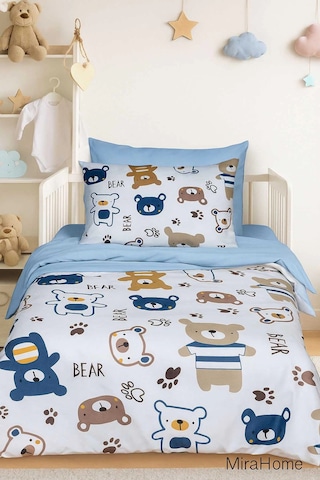 Dijital Baskılı 3d Pamuklu Yenidoğan Bebek Nevresim Takımı Bear Toy Blue Çok Renkli