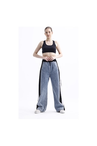 Polopass 025 Kadın Bol Paça Yan Şerit Penye Kot Denim Pantolon Beyaz