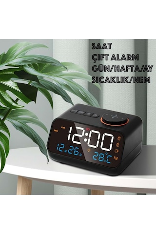 Plentiful Dekoratif Led Dijital Saat Fm Radyo 2 Alarm Sıcaklık Ve Nem Göstergeli Şarjlı Pilli Saat Siyah
