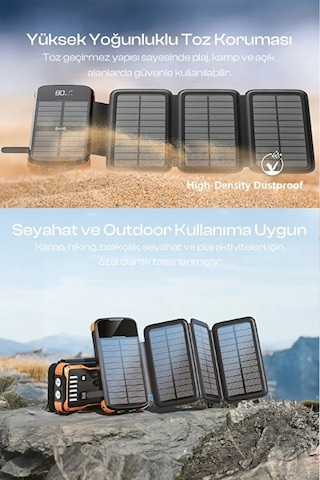 Kensa Güneş Enerjili Powerbank 20.000 Mah Hızlı Şarj Led Göstergeli Dahili Kablo Solar Şarj Cihazı Siyah - Turuncu