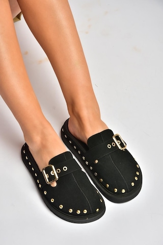 Fox Shoes Y918143802 Siyah Süet Önü Kapalı Zımba Detaylı Sabo Terlik