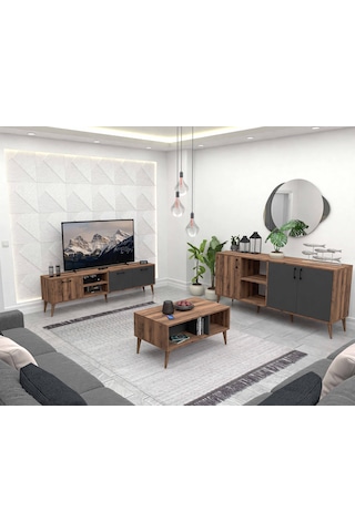 Set 1581-2070-1620 Exxen Ahşap Ayaklı Tv Ünitesi - Orta Sehpa - Konsol Seti Hat - Antrasit