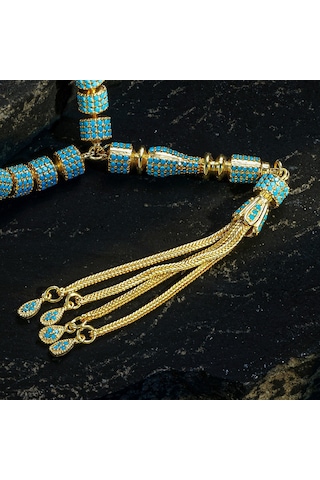 925 Ayar Gümüş Altın Kaplama Turkuaz Firuze Taşlı Tesbih