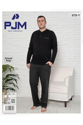 Pijamoni Erkek Battal Düğme Yaka Penye Uzun Kol Pijama Takımı 6720/17 - 1 Adet Siyah