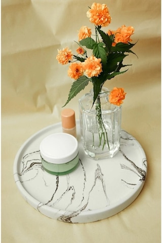 Dekoratif 24 Cm Yuvarlak Mum, Saksı Ve Takı Tabağı, Mumluk, Organizer Tabak, Kase, Tepsi - Beyaz Siyah