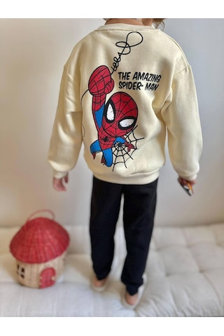 Miniko Kids Erkek Çocuk Örümcek Adam Baskılı 3 İplik Şardonlu Eşofman Takımı Ekru