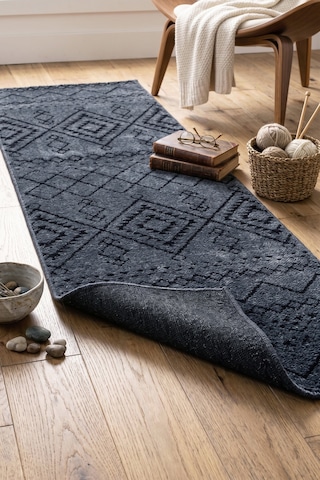 İskandinav Kilim Yıkanabilir Kadife Tuşeli Pamuk Dokuma Yolluk Kaymaz Tabanlı Halı Antrasit