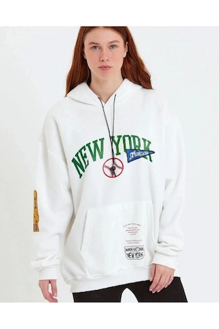Mbb E-ticaret Kadın Oversize Kapüşonlu Cepli Ön Kol Baskılı 3 İplik Pamuklu Hoodie Sweatshirt - Beyaz