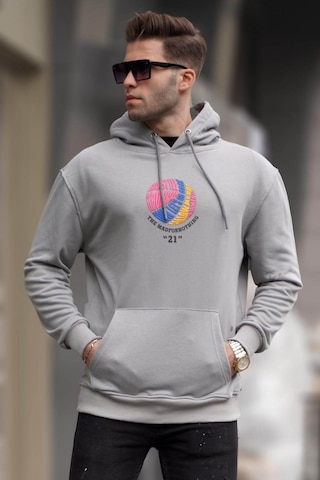 Madmext Boyalı Gri Kabartma Baskılı Kapüşonlu Sweatshirt 6042 Boyalı Gri