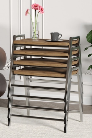 Zigon Sehpa , Aden 4'lü Tepsi Zigon Sehpa Takımı Gümüş Metal - Atlantik Çam Tabla Gümüş-atlantik Çam