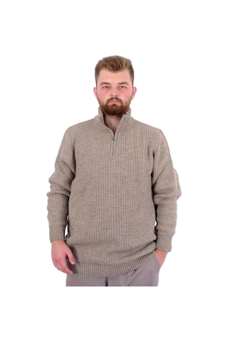 Mode Xl Büyük Beden Erkek Triko Kazak Yarım Fermuarlı Dik Yaka 24209 Vizon Vizon