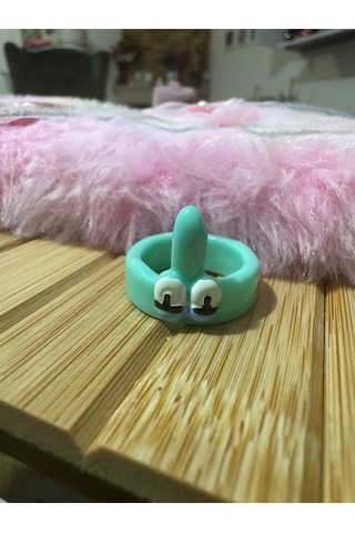 Sevimli Squidward Figürlü Turkuaz Çocuk Yüzük Sabit Ölçülü Reçine Karikatür Takı Gümüş - Gri